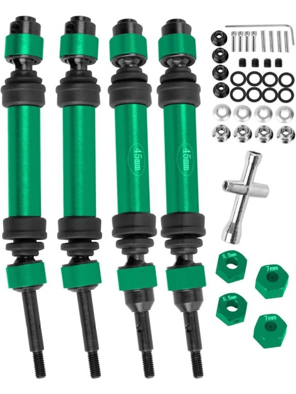 Upgraded CVD Drive Shafts for 1/10 RC Cars - Steel Axles, Hex, Green Finish